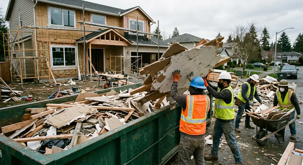 Crew loading remodel debris into a green roll-off dumpster