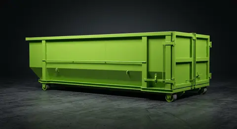 A slime green Dump Zilla roll-off dumpster